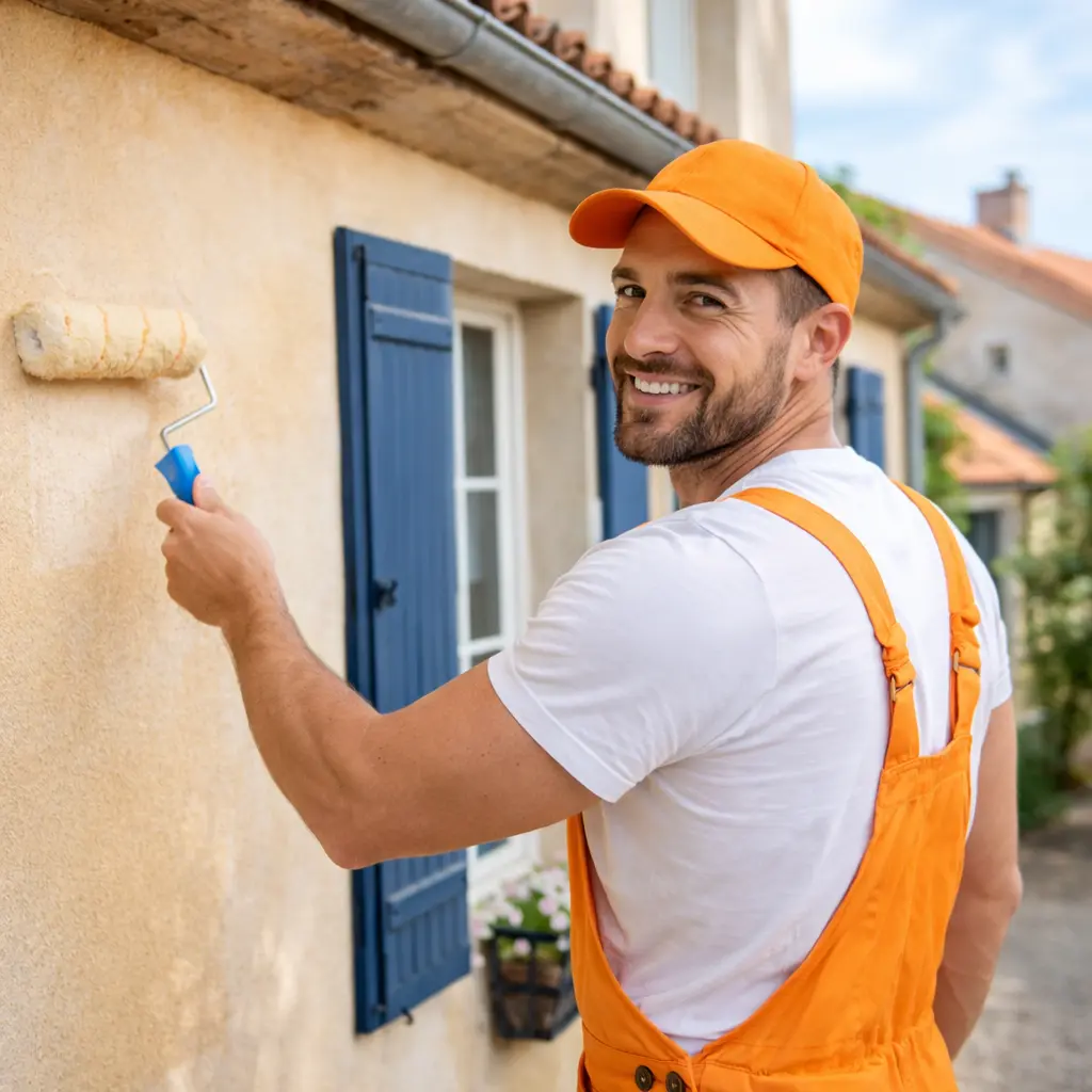 Artisan peintre appliquant de la peinture au rouleau sur une façade de maison avec volets bleus à Barbezieux en Charente