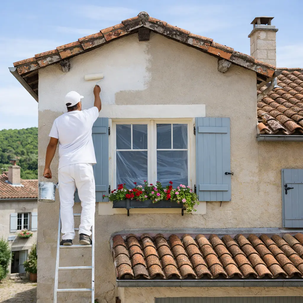 Artisan peintre sur une échelle appliquant de la peinture extérieure au rouleau sur une façade de maison à Blanzac en Charente