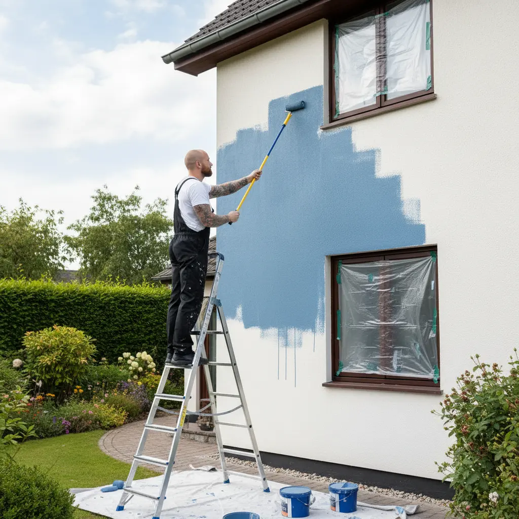 Artisan peintre sur une échelle appliquant de la peinture bleue au rouleau sur une façade de maison à Ruelle en Charente
