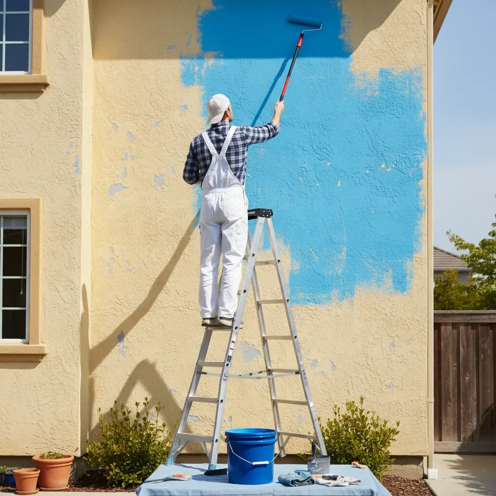 Artisan peintre sur une échelle appliquant de la peinture bleue au rouleau sur une façade extérieure de maison à Montbron en Charente