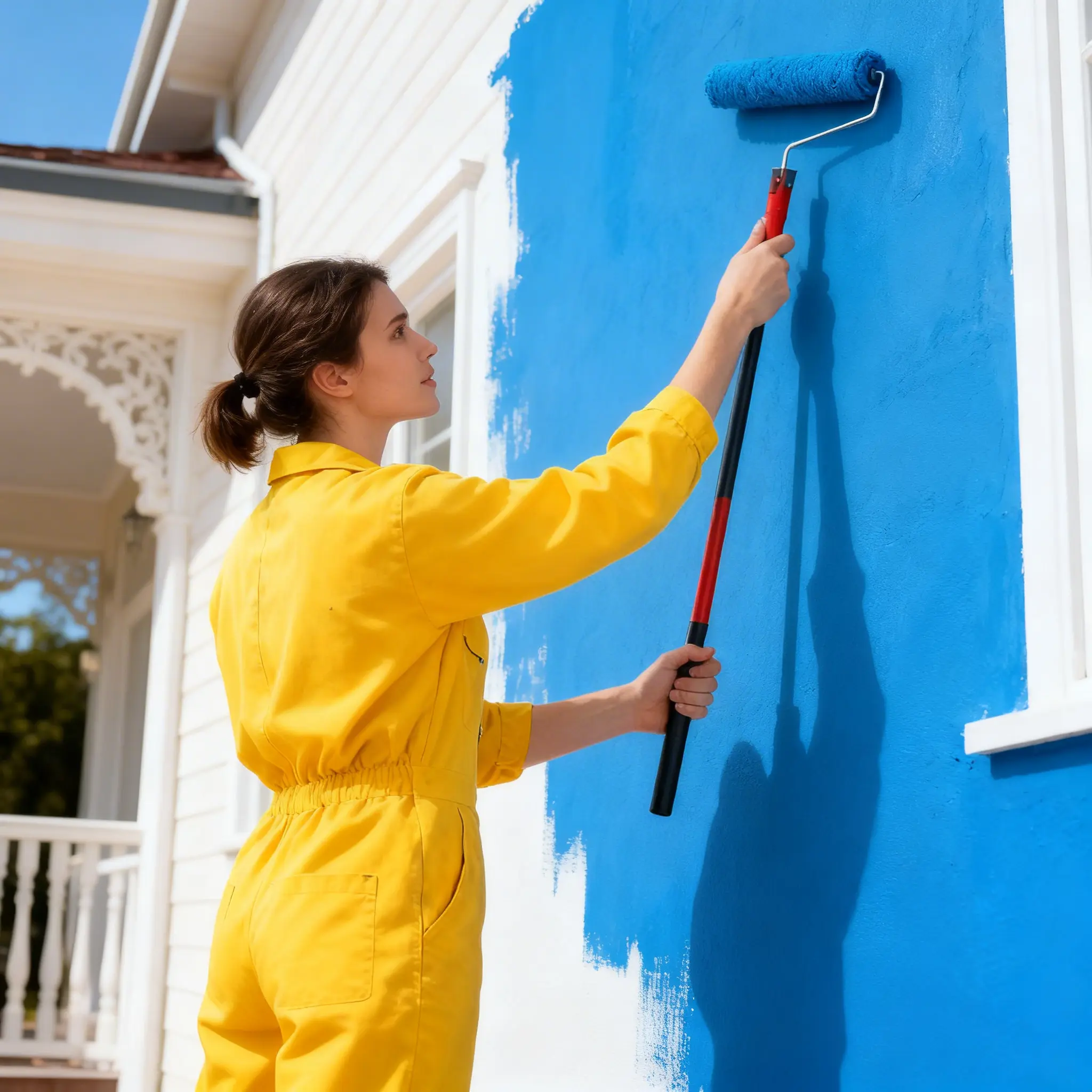 Artisan peintre appliquant une peinture bleue sur façade de maison à Dignac