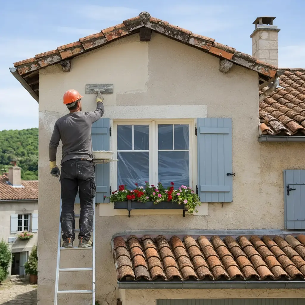 Peintre appliquant une peinture bleue sur un mur intérieur à Chasseneuil-sur-Bonnieure