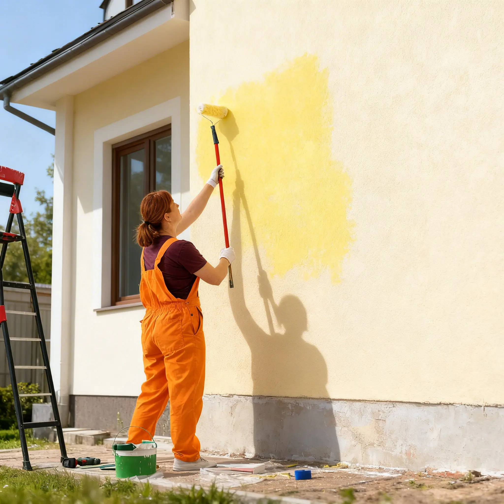 Artisan peintre appliquant de la peinture jaune sur une façade de maison à Fléac