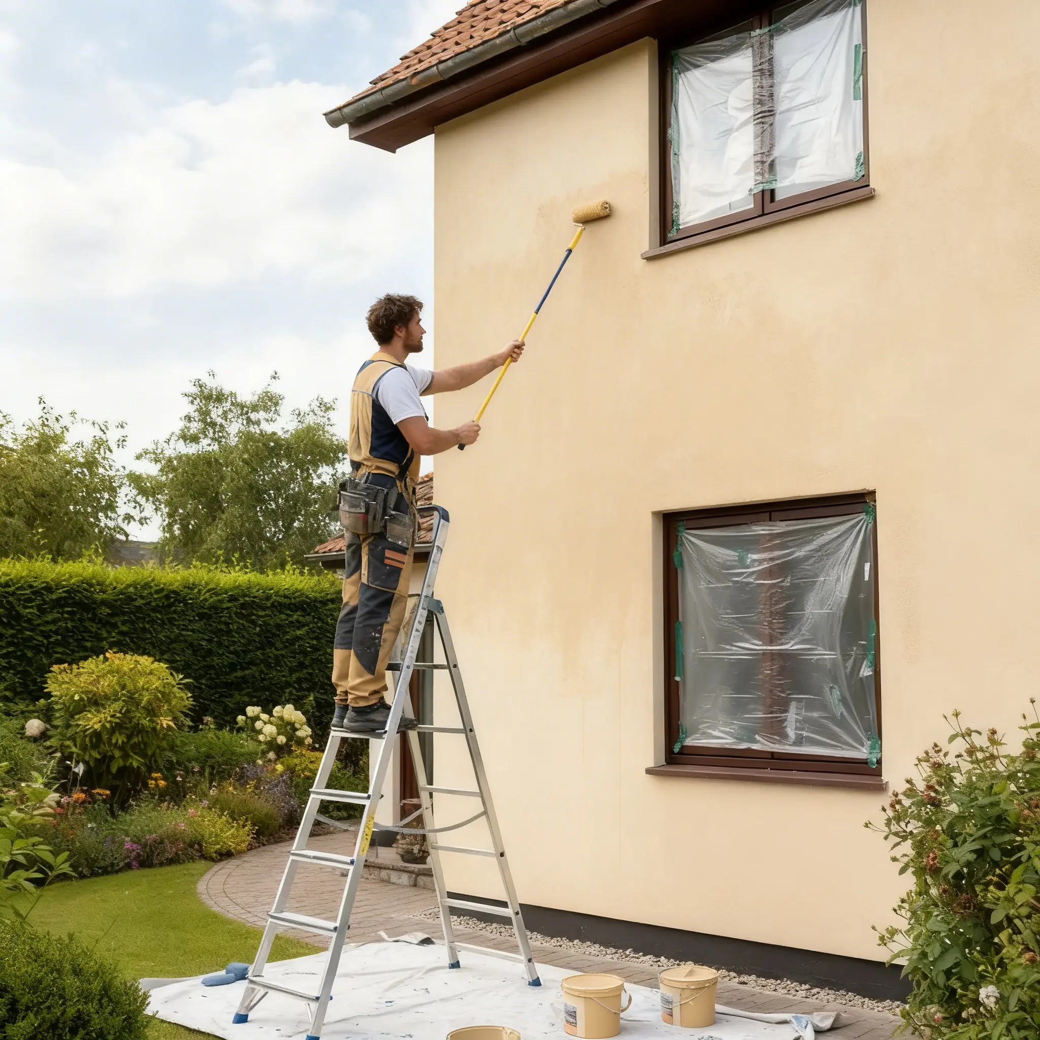 Artisan peintre rénovant une façade de maison à Montmoreau avec un rouleau