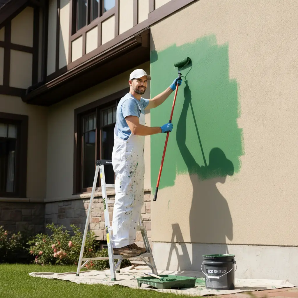 Artisan peintre appliquant de la peinture verte sur une façade de maison à Mouthiers
