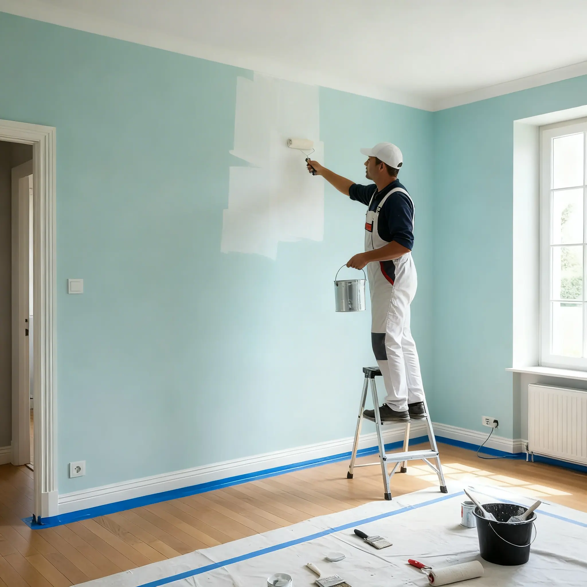 Artisan peintre appliquant de la peinture sur un mur intérieur à Baignes