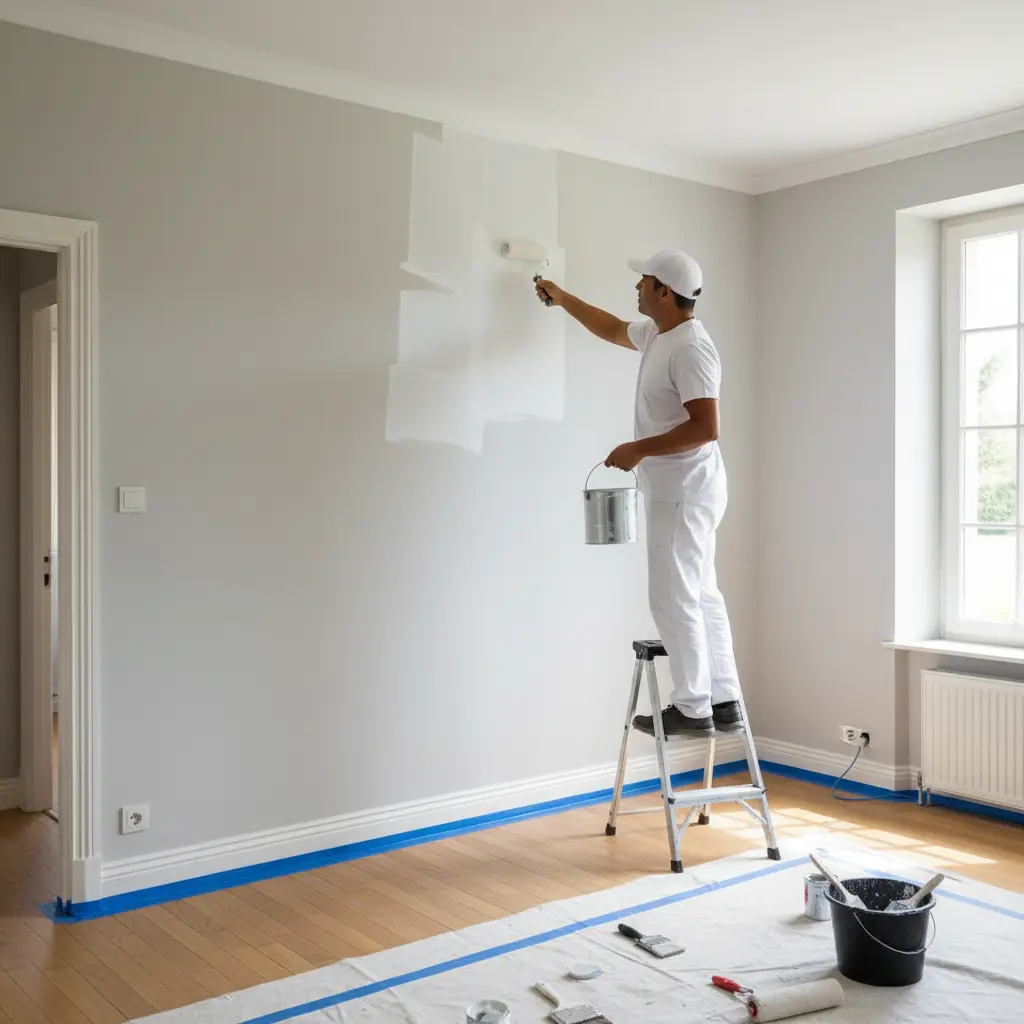 Artisan peintre appliquant de la peinture blanche au rouleau sur un mur intérieur avec escabeau dans une maison à Blanzac en Charente</p>
<p>Titre :