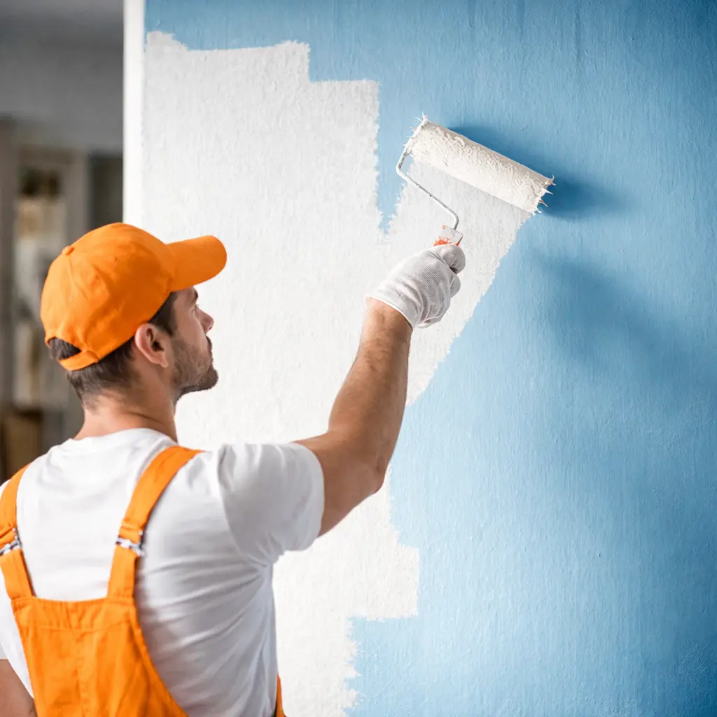 Artisan peintre appliquant de la peinture blanche au rouleau sur un mur intérieur bleu dans une maison à Brie en Charente