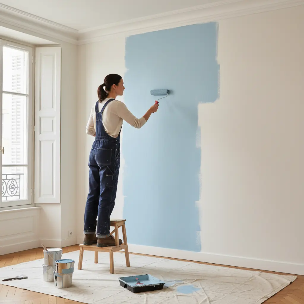 Artisan peintre appliquant une peinture bleue sur un mur intérieur à Champniers
