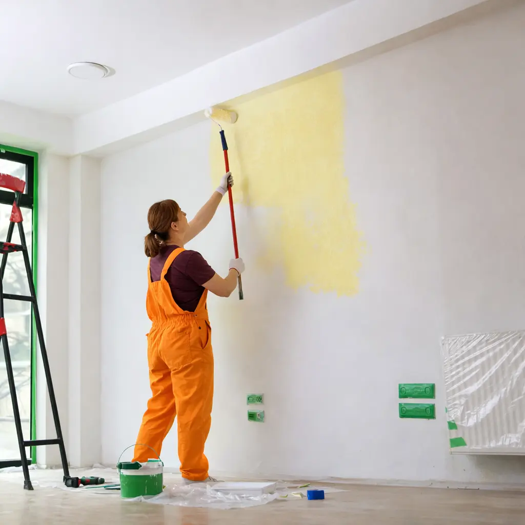 Artisan peintre appliquant de la peinture jaune au rouleau sur un mur intérieur avec protection et escabeau à Mansle en Charente