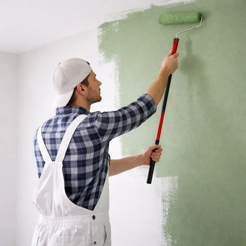 Artisan peintre appliquant de la peinture verte au rouleau sur un mur intérieur dans une maison à Montbron en Charente