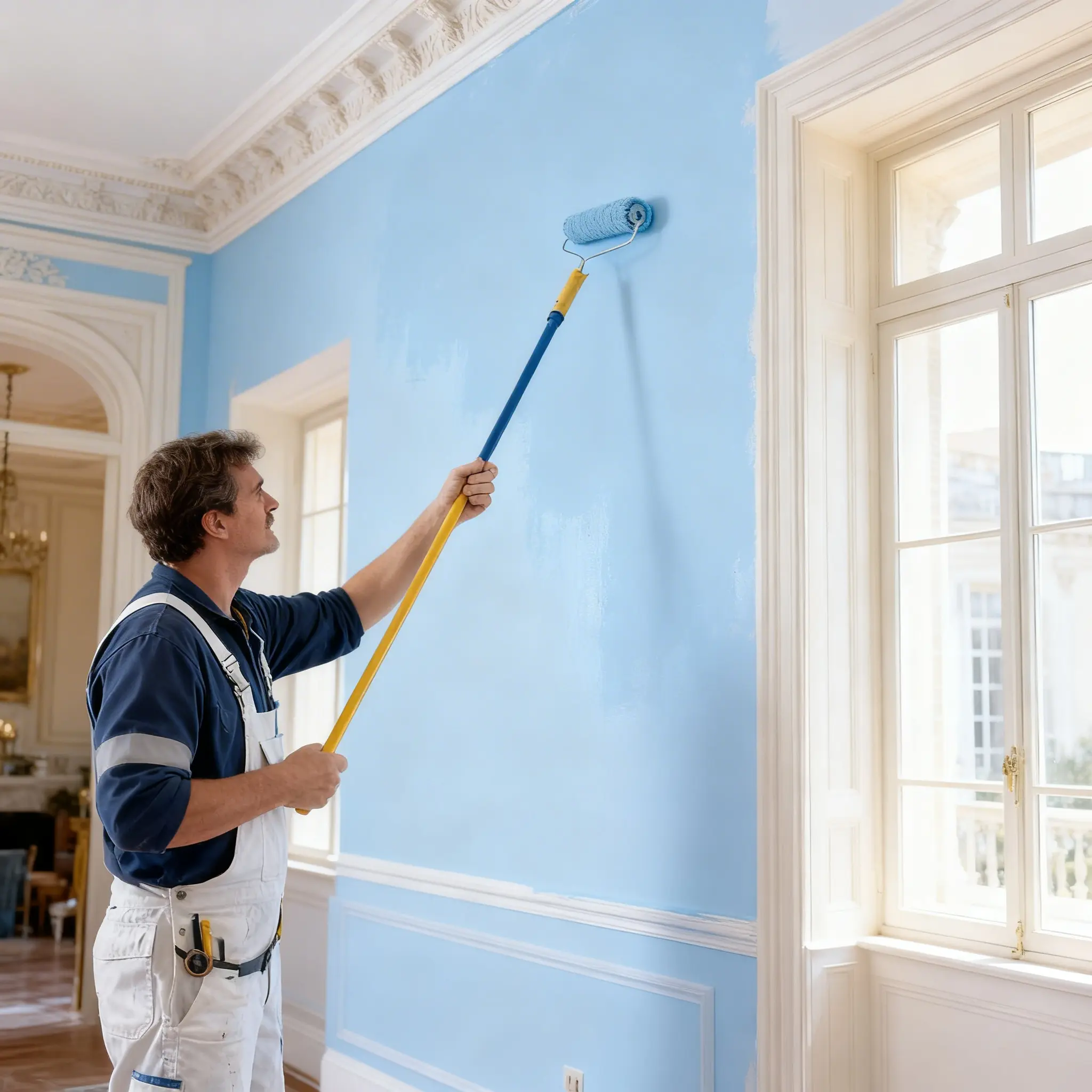 Artisan peintre appliquant une peinture bleue sur un mur intérieur à Montmoreau