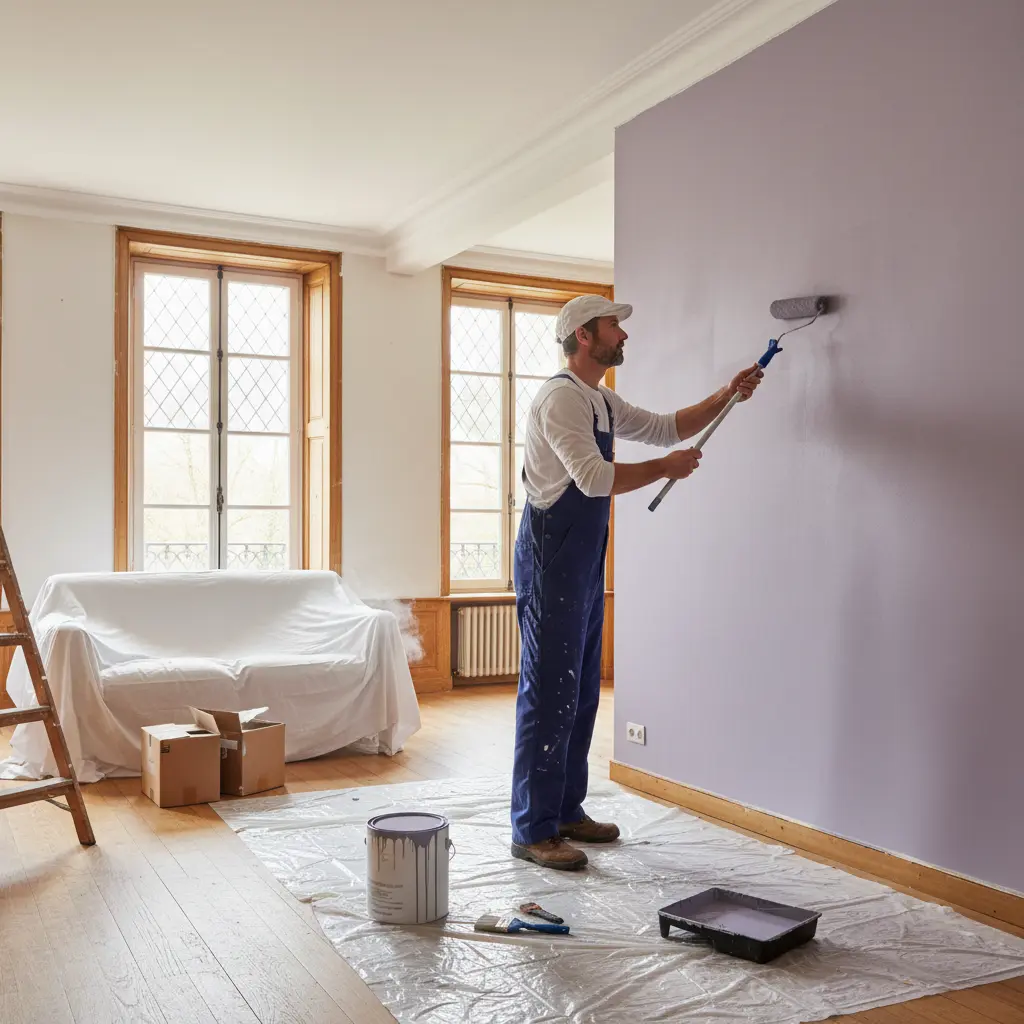 Artisan peintre appliquant de la peinture sur un mur intérieur à Mouthiers