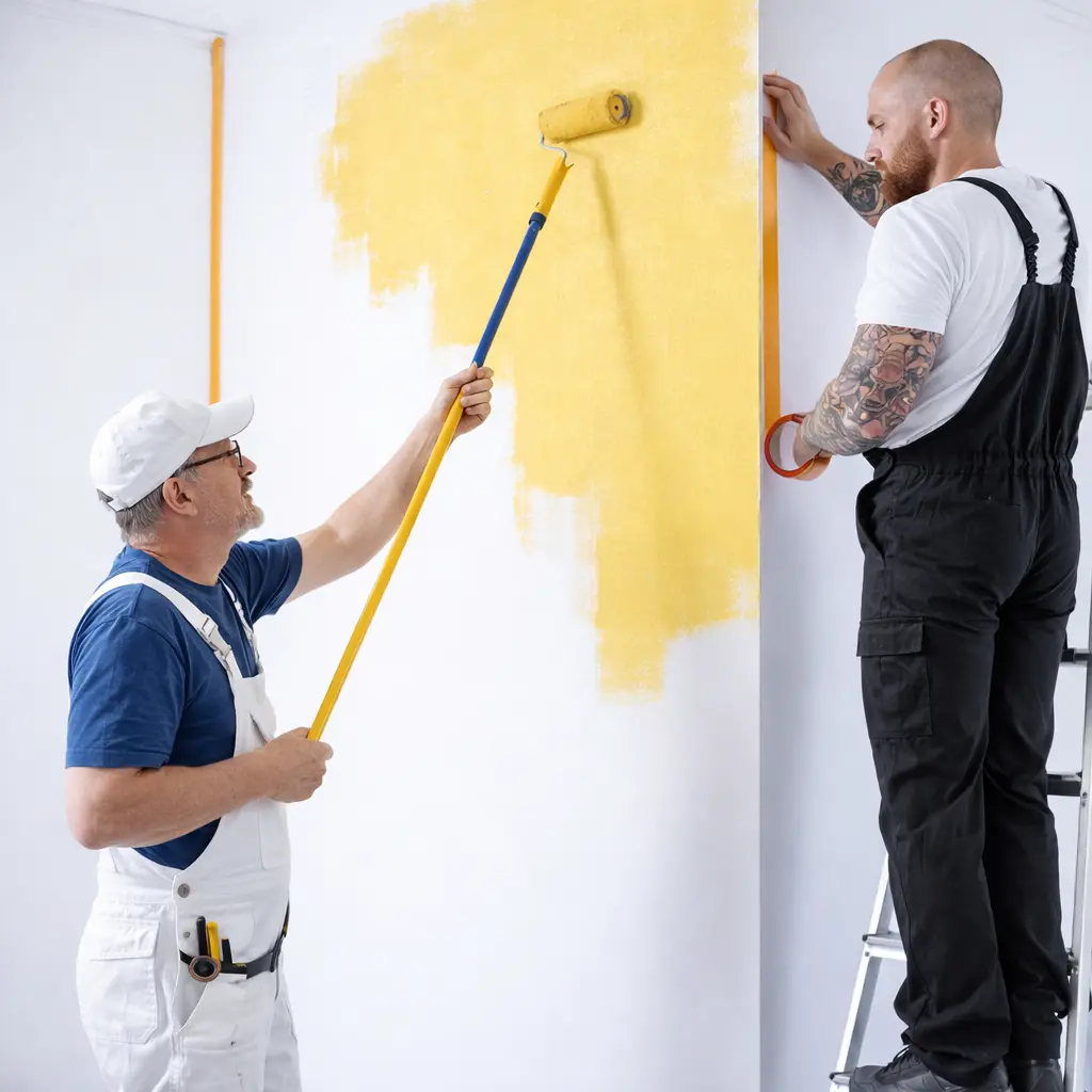 Artisans peintres réalisant des travaux de peinture intérieure sur un mur à Roullet